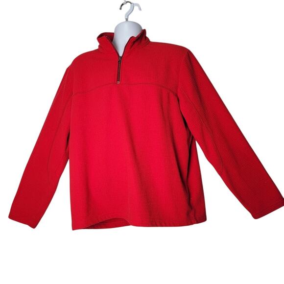 Lands’ End Men’s Fleece Pullover L Red Quarter Zip Waffle Knit Long Sleeve - Picture 1 of 9